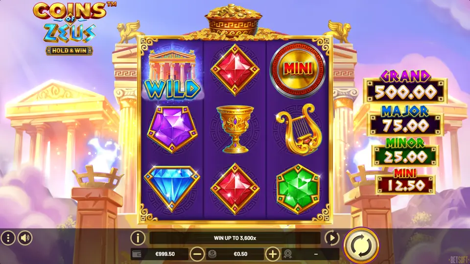 Coins of Zeus base game 3x3 grid showing Temple Wild, Pegasus, Golden Lyre, and gem symbols