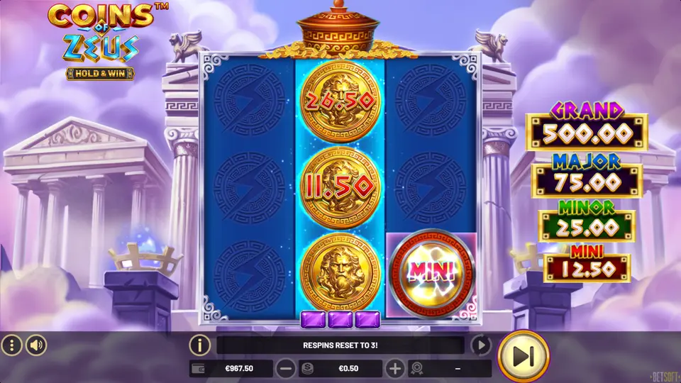 Two ZEUS BONUS collector symbols locked on Reel 2 during Hold & Win Feature demonstrating double prize collection