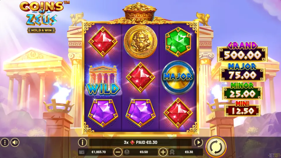 ZEUS BONUS collector gathering a MAJOR symbol during Coins of Zeus Hold & Win Feature