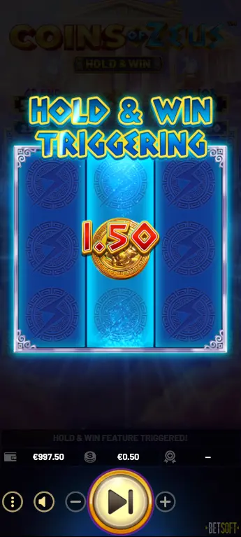 Two ZEUS BONUS collector symbols locked on Reel 2 during Coins of Zeus Hold and Win Feature demonstrating double collection