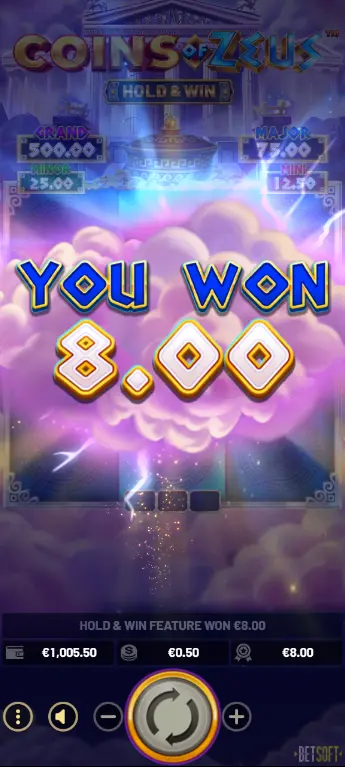 Coins of Zeus Hold and Win Feature final win screen showing total prize and breakdown by ZEUS BONUS collector