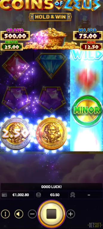 GRAND BONUS symbol landing on the reel during Coins of Zeus Hold and Win respin round with ZEUS BONUS collector active