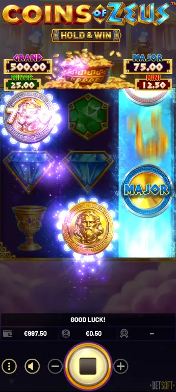 Active Hold and Win Feature in Coins of Zeus with ZEUS BONUS locked on Reel 2, Respins counter at 3, and BONUS symbols showing numeric prize values